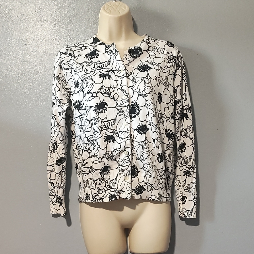 Lands End Floral Black and White Button Down Sweater